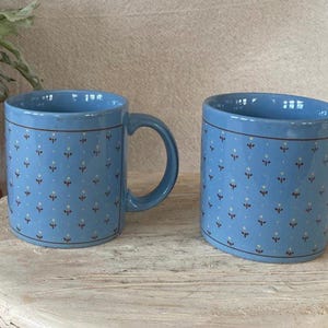 May include: Two blue ceramic mugs with a floral pattern. Each mug has a handle and a dark brown trim. The mugs are sitting on a light-colored, round surface. A potted plant is in the background.
