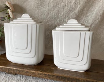 Vintage Art Deco White Stepped Lid Canister Set of 2