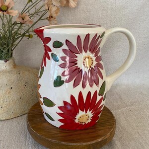 Vintage Ceramic Floral Pitcher, Large Mauve Red Rust Flower Vase, Cottagecore Farmhouse Pottery Jug, Earth Tone Kitchen Decor