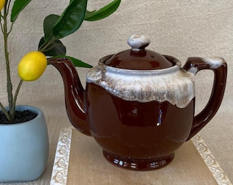 Tetera de cerámica vintage marrón con esmalte de goteo, fabricada en Japón.