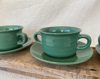 Vintage 1970s Double Handle Mug, Soup or Chili Bowl & Saucer Sets