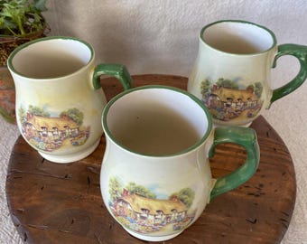Vintage Set of 3 Siltone Staffordshire Mugs "Country Cottage"
