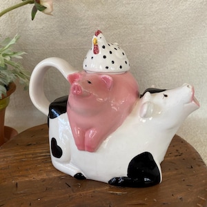 Vintage 1990s Stacked Farm Animals Clay Art Tea Pot