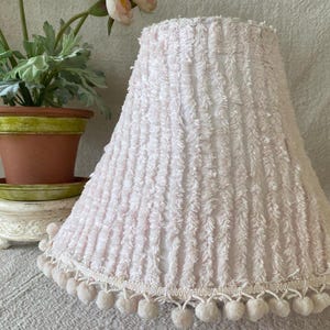 Vintage Pale Pink Chenille Lamp Shade With Ball Fringe
