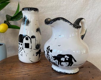 Vintage Set of Handpainted Farm Scene Small Pitcher & Milk Bottle Vase