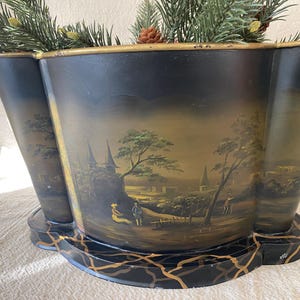 Tole Cachepot Hand Painted Landscape Black Gold Jardinere Metal Planter
