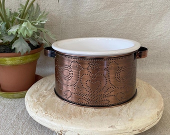 Vintage Teleflora Copper Punched Metal Holder with White Casserole Insert
