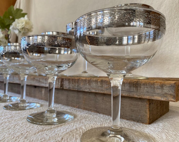 Vintage Art Deco Silver Rim Champagne Coupes, Set of 2 Embossed MCM Wedding Toasting Glasses, 1960s Barware
