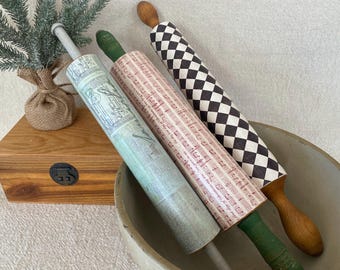 Decoupaged Vintage Rolling Pins for Farmhouse Kitchen Display