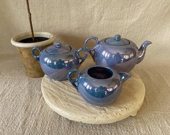 1930s Vintage Blue Shofu Japan Lustreware Set With Teapot, Sugar & Creamer