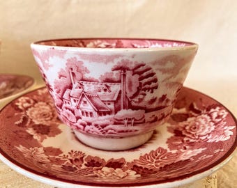 Vintage Red WoodsWare English Scenery Teacup & Saucer Set of 2 Pair