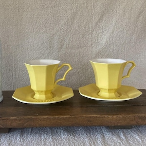 Set of 2 Vintage Daffodil Yellow Independence Ironstone Teacups & Saucers