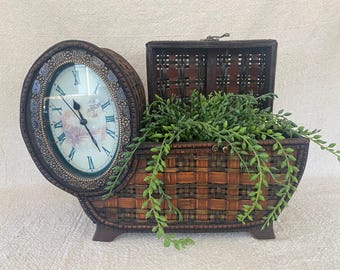 Unique Vintage Wood & Wicker Mantle or Shelf Clock With Storage Box