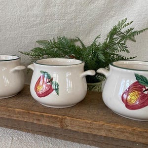 May include: Three off-white ceramic soup bowls with handles, each featuring a hand-painted red apple design with green leaves. The bowls have a green trim and sit on a wooden surface.