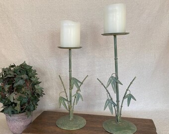 Vintage Pair of MCM Green Bamboo Pillar Candle Holders