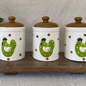 Chicken and Polka Dot Green & Brown Ceramic Kitchen Canisters