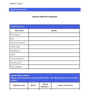 Puede incluir: Documento blanco titulado "Vehicle Prestart Checklist" con barras de encabezado azules. La lista de verificación incluye secciones para información del vehículo y verificaciones externas del vehículo.