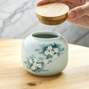May include: A small, round, pale green ceramic jar with a wooden lid. The jar is decorated with a floral design of white blossoms and green leaves. The lid is being held above the jar.
