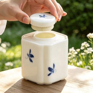 May include: A white ceramic canister with a hexagonal shape and rounded corners. The canister features small, hand-painted blue floral motifs on its sides and a matching lid with a blue floral detail and a beige, textured underside seal.
