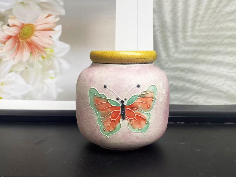 Mini-Keramiktöpfe für Haustierurne, einzigartige Hundeasche für Memory Pot, kleine Urne für menschliche Asche, glasierte Keramiktopf für Familienasche-Gedächtnisgeschenke Red Butterfly 1