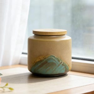 May include: A tan ceramic jar with a wooden lid. The jar has a cylindrical shape with a turquoise and gold mountain design on the lower portion. The jar is sitting on a wooden surface.