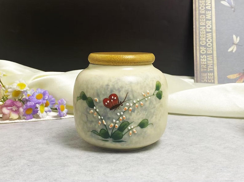 Mini-Keramiktöpfe für Haustierurne, einzigartige Hundeasche für Memory Pot, kleine Urne für menschliche Asche, glasierte Keramiktopf für Familienasche-Gedächtnisgeschenke Red Butterfly
