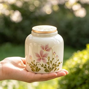 Może przedstawiać: Mały, kremowy ceramiczny słoik o gładkim, zaokrąglonym korpusie i złotym wieczku. Zewnętrzna strona ozdobiona jest ręcznie malowanym wzorem delikatnych różowych kwiatów z zielonymi liśćmi i łodygami, ułożonymi w skupisko w dolnej części.