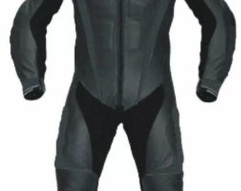 Custom Black Cowhide Leather Motorcycle Race Suit - CE Armored