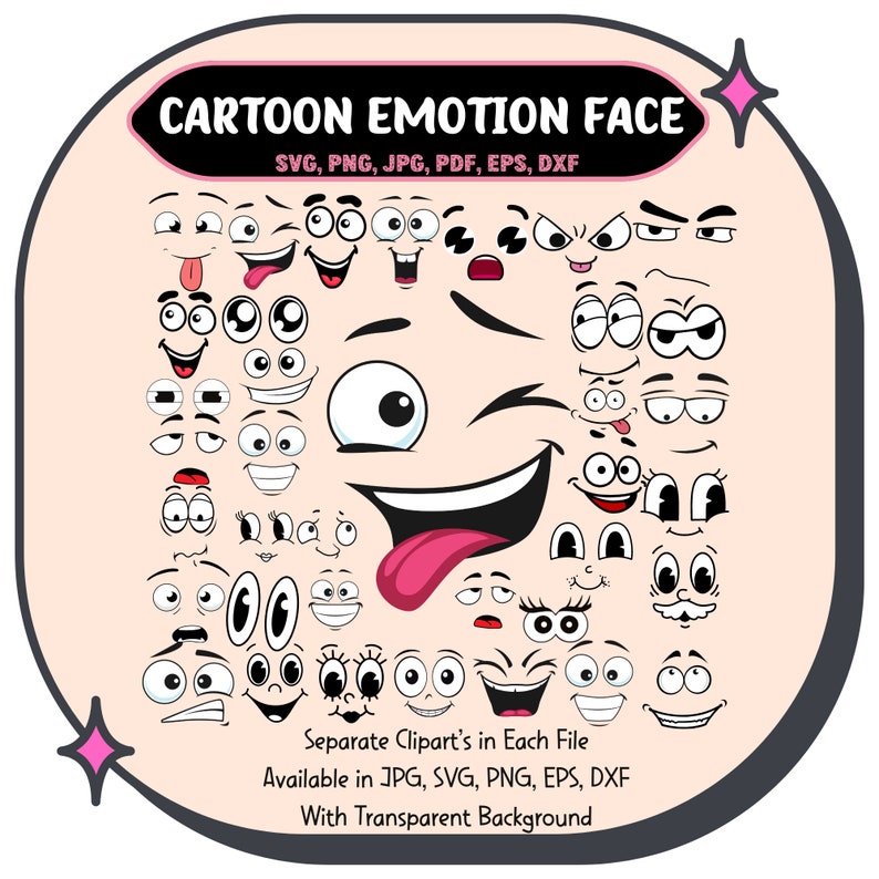 Cartoon Emotion Faces SVG Bundle, Kawaii Face SVG, Cute Funny Face SVG ...