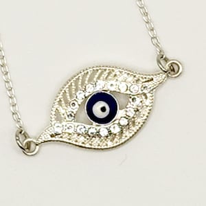 Evil Eye Silver Pendant with Blue Accents and Crystal Rhinestones on 18 inch Silver Chain with Lobster Clasp