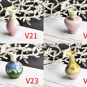 May include: Four miniature ceramic vases labeled V21, V22, V23, and V24. V21 is a tall pink vase, V22 is a rounded pink vase, V23 features green and blue glaze, and V24 is a yellow and pink vase. Each piece has a narrow neck and a flared rim.