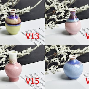 Op de afbeelding: Vier kleine keramische vazen gelabeld V13, V14, V15 en V16. V13 is geel en paars, V14 is roze en blauw, V15 is roze met een witte hals en V16 is lichtblauw en paars. Elke vaas heeft een glanzende, geglazuurde afwerking en een ronde vorm.