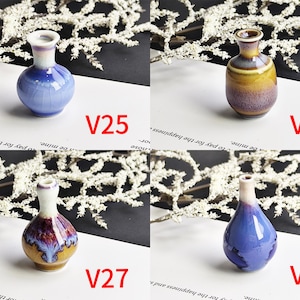 May include: Four small ceramic vases labeled V25, V26, V27, and V28. V25 is blue and white with a crackle glaze. V26 is brown and yellow with a smooth finish. V27 is a bulbous shape with brown, white, and purple tones. V28 is a teardrop shape in blue.