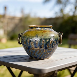 May include: A ceramic vase with a rounded body and two bronze handles. The vase features a blue and yellow glaze with a decorative pattern. The vase is sitting on a gray table outdoors.