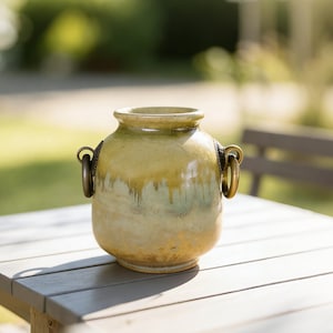 Może przedstawiać: Ceramiczny wazon o zaokrąglonym kształcie i szerokim otworze. Wazon ma żółto-zieloną kolorystykę z brązowymi uchwytami. Stoi na szarym drewnianym stole z rozmytym tłem zewnętrznym.