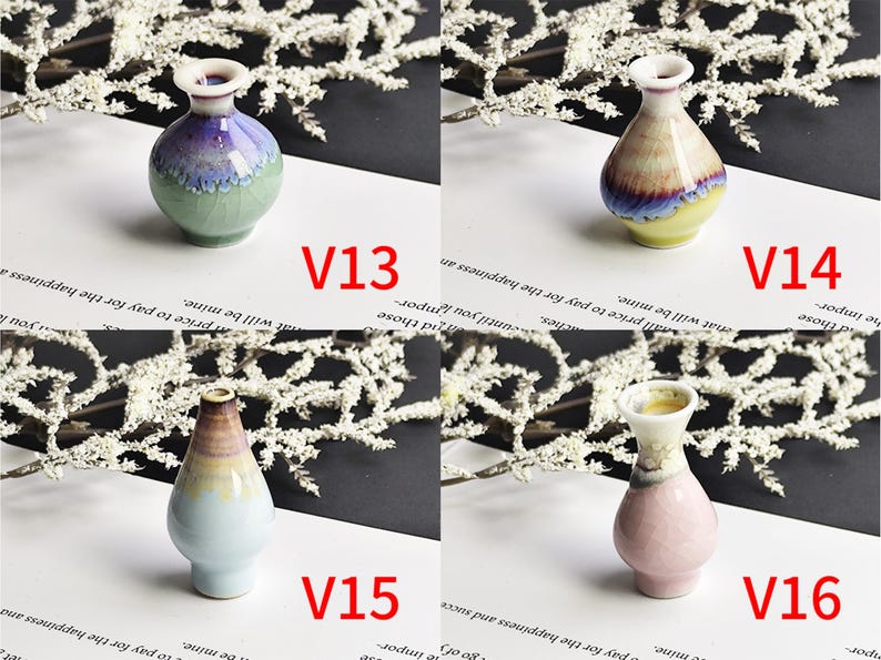 May include: Four miniature ceramic vases labeled V13, V14, V15, and V16. V13 is purple and green, V14 is yellow and purple, V15 is light blue and brown, and V16 is pink and white. Each vase features a narrow neck and a rounded body with a crackle glaze finish.