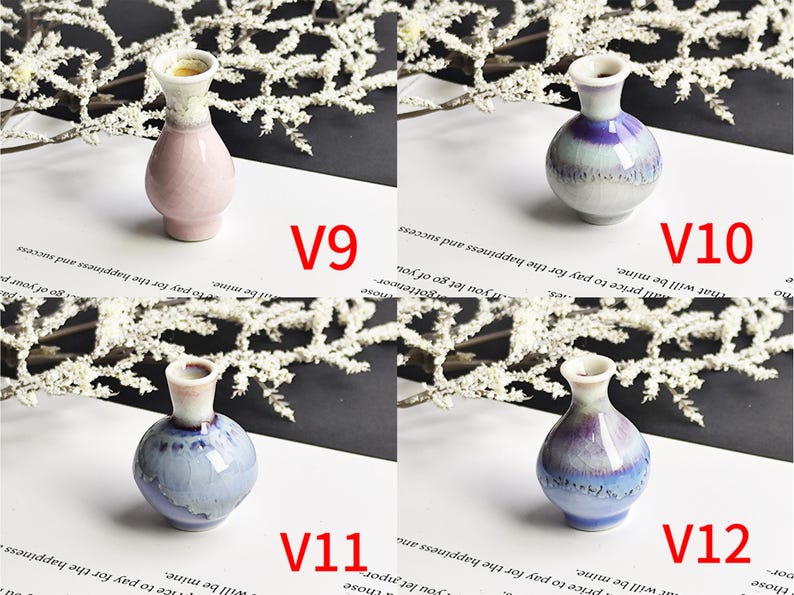 May include: Four small ceramic vases labeled V9, V10, V11, and V12. V9 is light pink with a white neck. V10 is purple and white with a crackle glaze. V11 is light blue and white with a crackle glaze. V12 is a darker blue and purple gradient.