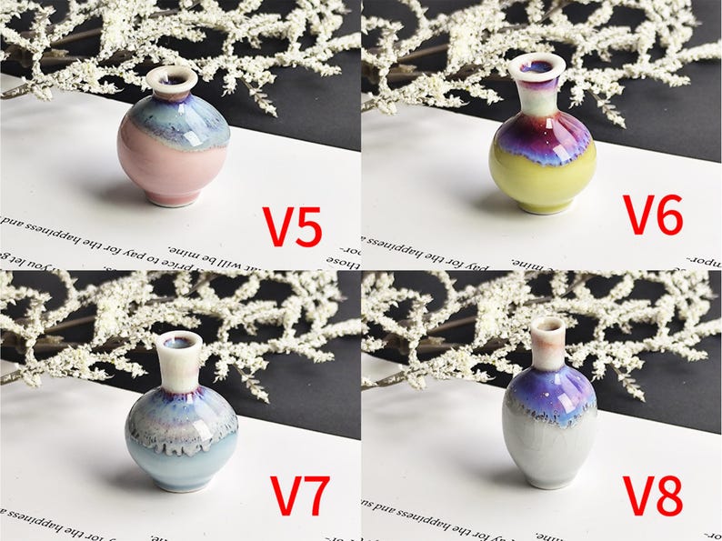 May include: Four small ceramic vases labeled V5, V6, V7, and V8. V5 is pink and blue, V6 is yellow and purple, V7 is light blue and white, and V8 is white and purple. Each vase features a rounded body, a narrow neck, and a glossy finish.