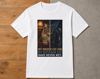 Funny Cat Shirt My Indoor Cat And My Outdoor Cat Have Never Met | Minimalist Cat Tee | Cat Mom Gift | Split Cat Shirt