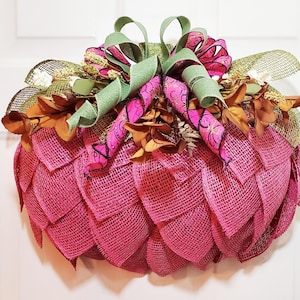Pink Pumpkin Burlap Wreath – Fall Door Décor – Autumn Harvest Wreath with Bows & Florals – Thanksgiving Front Door Decoration