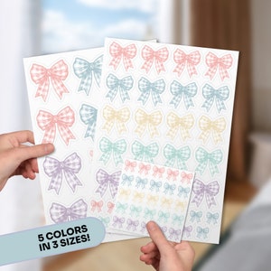 コケット ボウ ステッカーパック 防水 ギンガム ボウ 封筒シール パステル ウォーターボトル デカール 手描き かわいい バレットジャーナル ステッカー ブルー グリーン