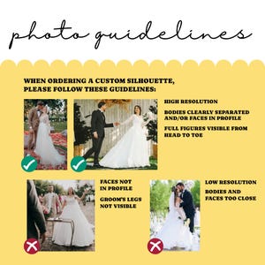 May include: An informational graphic titled photo guidelines with a yellow background. It displays four wedding photographs, two marked with green checkmarks for high resolution and full figures, and two with red x marks for low resolution or obscured bodies.