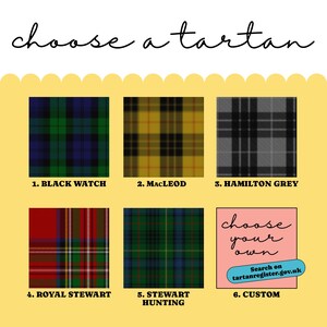 May include: A yellow chart featuring the text choose a tartan and six squares displaying patterns: 1. Black Watch, 2. MacLeod, 3. Hamilton Grey, 4. Royal Stewart, 5. Stewart Hunting, and 6. Custom with text choose your own and search on tartanregister.gov.uk.