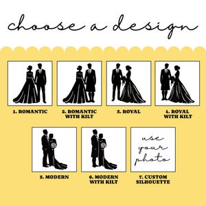 May include: A yellow graphic chart titled choose a design featuring seven options. Six squares show black silhouettes of couples in various wedding attire, including kilts, labeled 1 through 6. The seventh square displays the text use your photo.