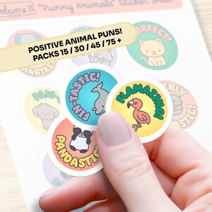 May include: A set of colorful round stickers with animal puns. The stickers feature a panda, a flamingo, a dolphin, a cat, and a dog. The text on the stickers reads "Pandastic", "Flamazing", "Fin-Tastic", "Purrfect", and "Paw-some".