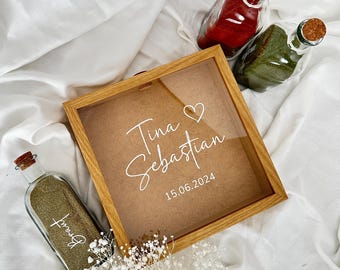 Cadre de sable de mariage personnalisé | Coffret de cérémonie de sable avec fiole en verre, noms et sable | Cadeau rituel de mariage 25 x 25 cm