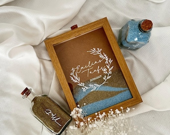 Cornice di sabbia personalizzata per il battesimo con bottiglia di vetro e sabbia – set per la cerimonia della sabbia con imbuto incluso | Regalo di battesimo con nome | 15 x 20 centimetri