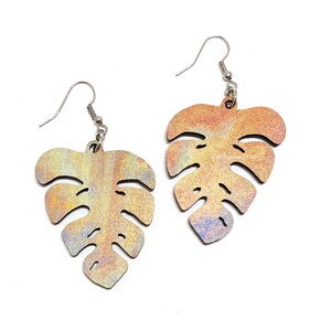 Monstera earrings, monstera jewelry, leaf earrings, plant earrings, tie dye earrings, dangle earrings, wood earrings
