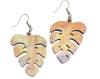 Monstera earrings, monstera jewelry, leaf earrings, plant earrings, tie dye earrings, dangle earrings, wood earrings