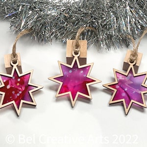 Stained Glass Effect Star Christmas Ornaments, Set of 3, Fuchsia Pink, wooden ornaments, Christmas ornaments, Christmas decor, made in USA